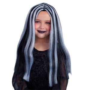 Accesorio disfraz – Peluca negra y mechas blancas